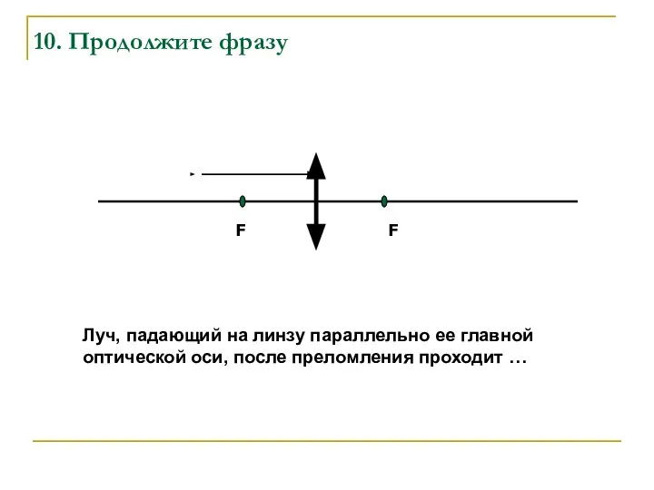 10. Продолжите фразу Луч, падающий на линзу параллельно ее главной оптической