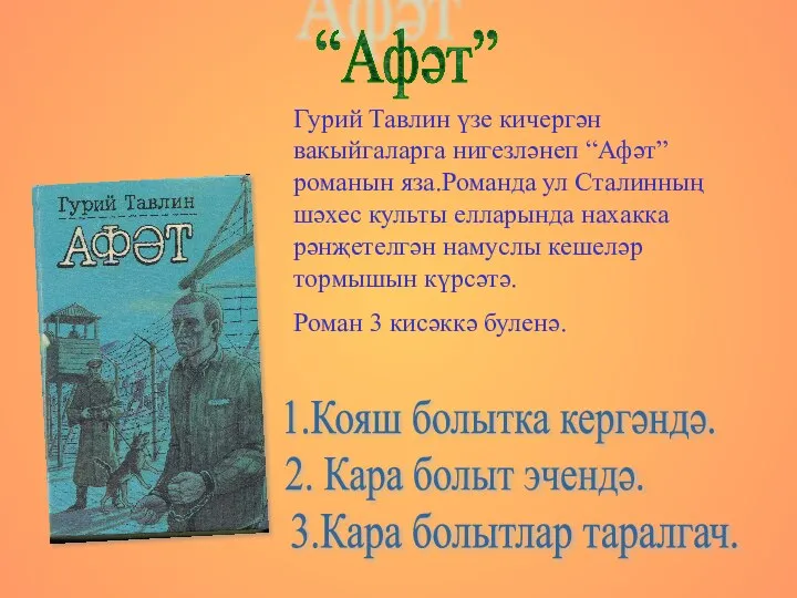 “Афәт” Гурий Тавлин үзе кичергән вакыйгаларга нигезләнеп “Афәт” романын яза.Романда ул