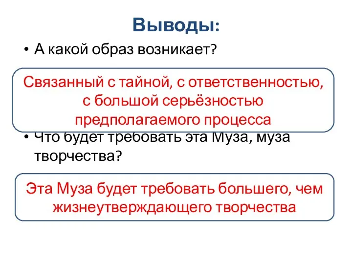 Выводы: А какой образ возникает? Что будет требовать эта Муза, муза