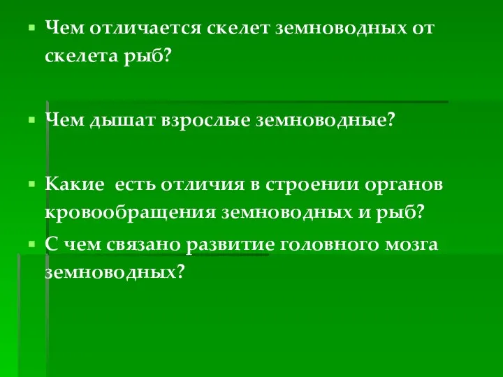 Чем отличается скелет земноводных от скелета рыб? Чем дышат взрослые земноводные?