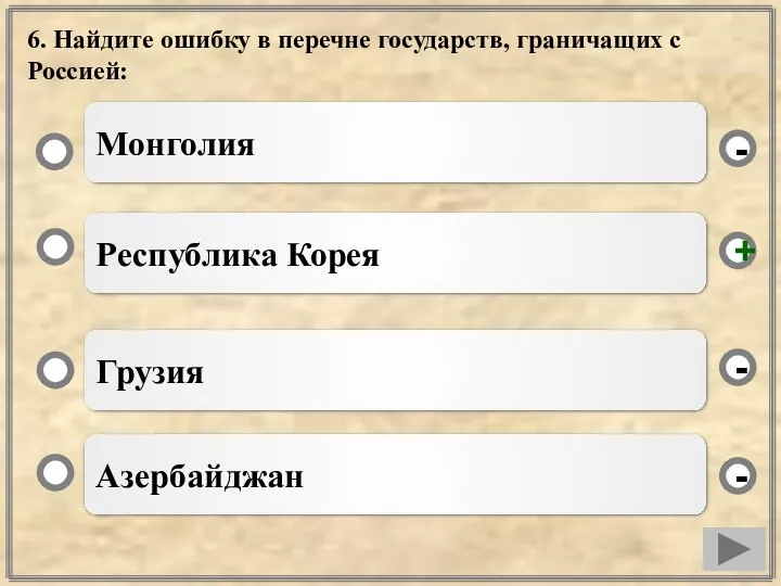 6. Найдите ошибку в перечне государств, граничащих с Россией: Республика Корея