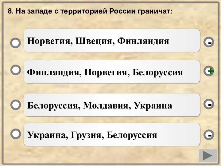 8. На западе с территорией России граничат: Финляндия, Норвегия, Белоруссия Белоруссия,