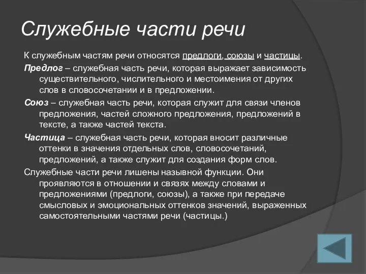 Служебные части речи К служебным частям речи относятся предлоги, союзы и