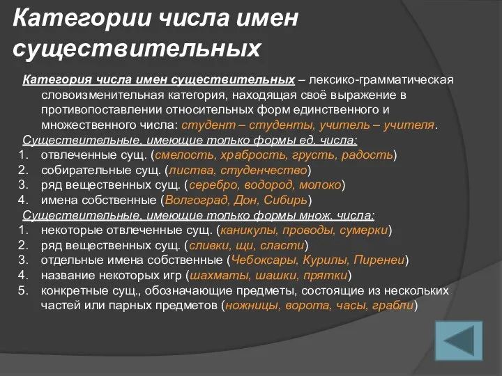 Категории числа имен существительных Категория числа имен существительных – лексико-грамматическая словоизменительная