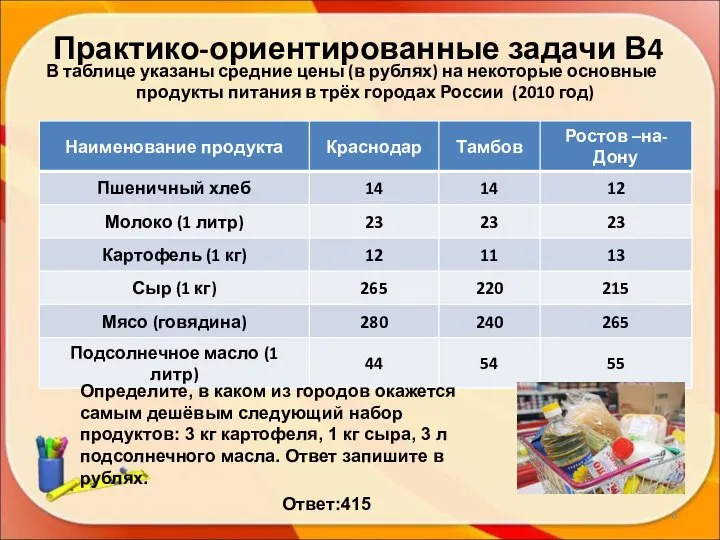 Практико-ориентированные задачи В4 В таблице указаны средние цены (в рублях) на