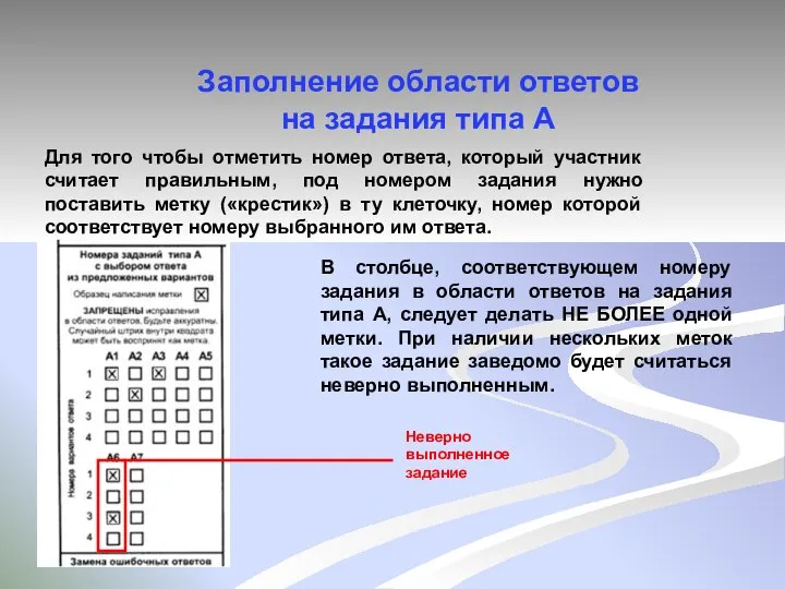 Заполнение области ответов на задания типа А Для того чтобы отметить