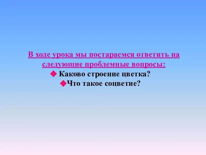 В ходе урока мы постараемся ответить на следующие проблемные вопросы: Каково строение цветка? Что такое соцветие?