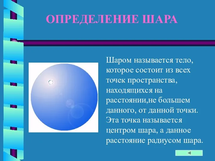 ОПРЕДЕЛЕНИЕ ШАРА Шаром называется тело, которое состоит из всех точек пространства,