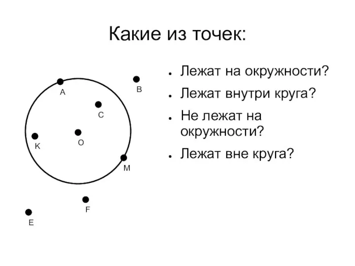 Какие из точек: О Лежат на окружности? Лежат внутри круга? Не