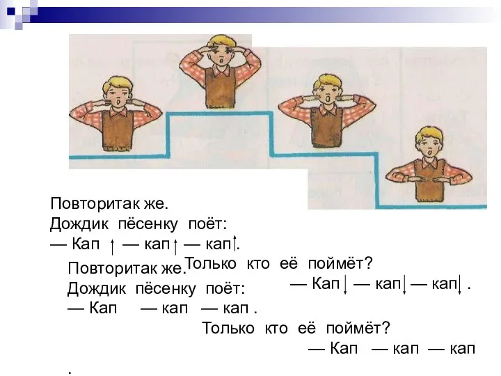 Повторитак же. Дождик пёсенку поёт: — Кап — кап — кап