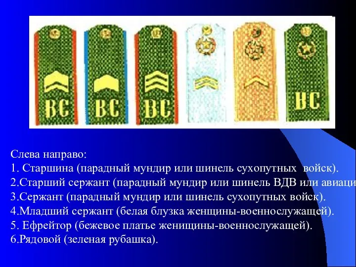 Слева направо: 1. Старшина (парадный мундир или шинель сухопутных войск). 2.Старший