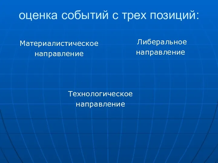 оценка событий с трех позиций: Материалистическое направление Технологическое направление Либеральное направление