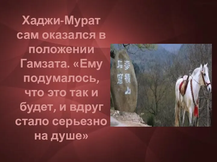 Хаджи-Мурат сам оказался в положении Гамзата. «Ему подумалось, что это так