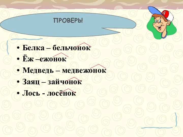 Белка – бельчонок Ёж –ежонок Медведь – медвежонок Заяц – зайчонок Лось - лосёнок ПРОВЕРЬ!