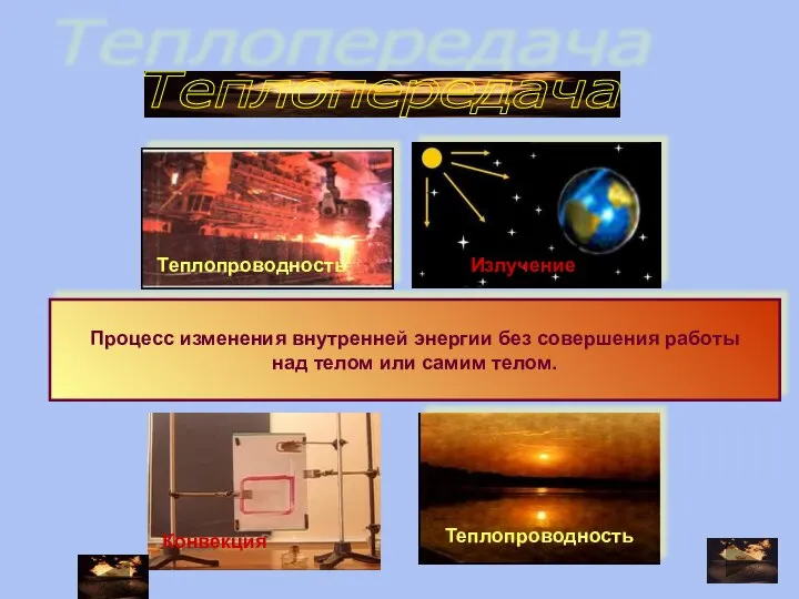 Теплопередача Процесс изменения внутренней энергии без совершения работы над телом или