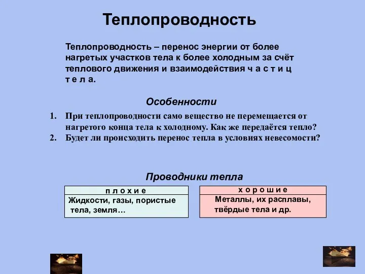 При теплопроводности само вещество не перемещается от нагретого конца тела к