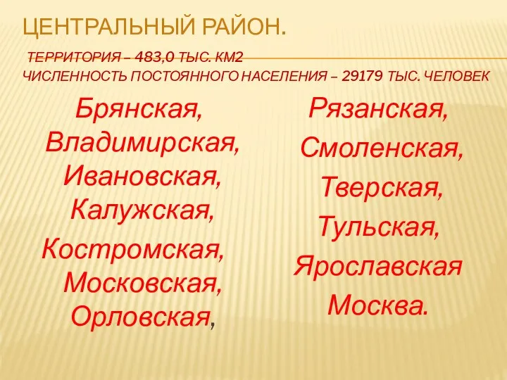 Центральный район. Территория – 483,0 тыс. км2 Численность постоянного населения –