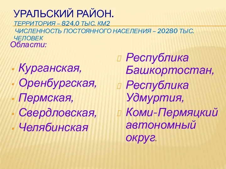 Уральский район. Территория – 824,0 тыс. км2 Численность постоянного населения –