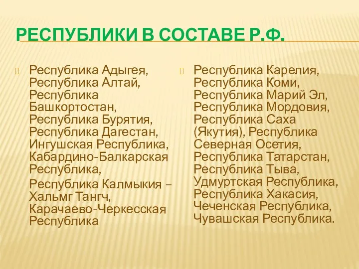 Республики в составе Р.Ф. Республика Адыгея, Республика Алтай, Республика Башкортостан, Республика