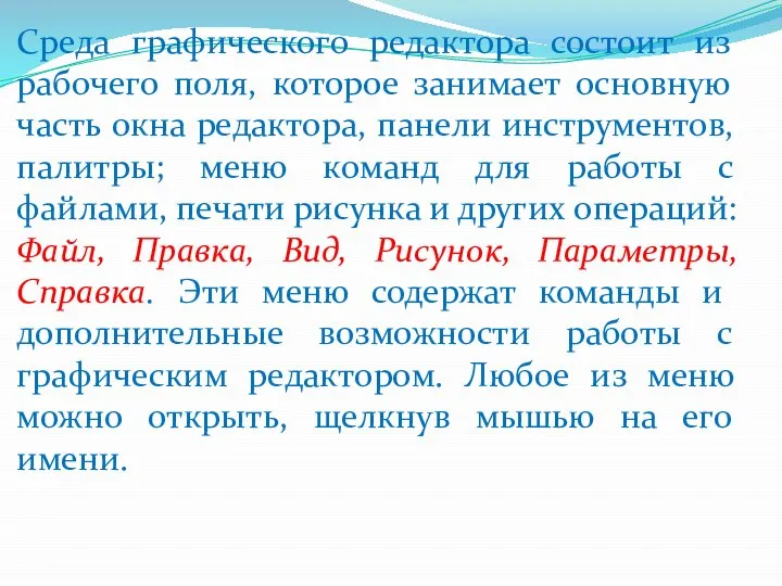 Среда графического редактора состоит из рабочего поля, которое занимает основную часть