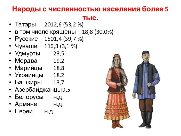 Народы с численностью населения более 5 тыс. Татары 2012,6 (53,2 %)