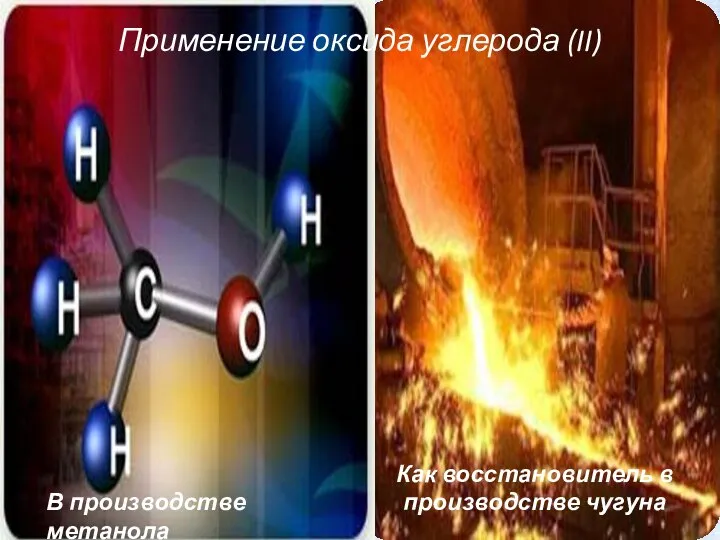 Применение оксида углерода (II) В производстве метанола Как восстановитель в производстве чугуна