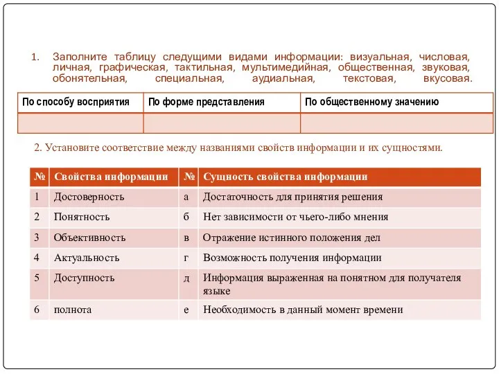 Заполните таблицу следущими видами информации: визуальная, числовая, личная, графическая, тактильная, мультимедийная,