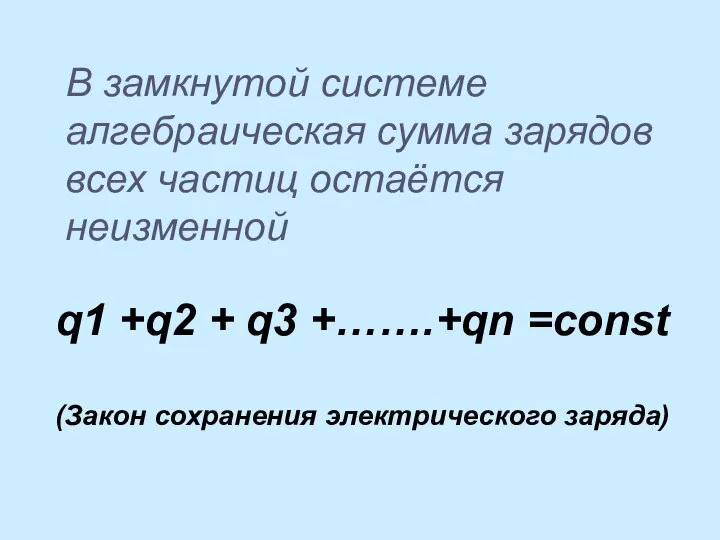 В замкнутой системе алгебраическая сумма зарядов всех частиц остаётся неизменной q1