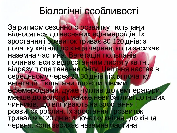 Біологічні особливості За ритмом сезонного розвитку тюльпани відносяться до весняних ефемероїдів.