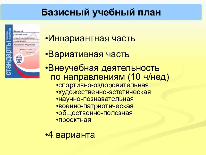 Базисный учебный план Инвариантная часть Вариативная часть Внеучебная деятельность по направлениям