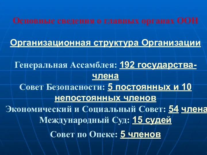 Основные сведения о главных органах ООН Организационная структура Организации Генеральная Ассамблея: