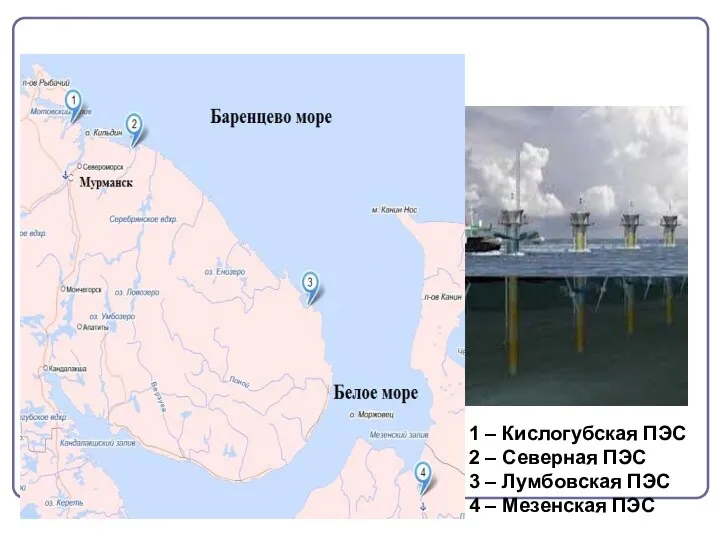 Применение волн. 1 – Кислогубская ПЭС 2 – Северная ПЭС 3