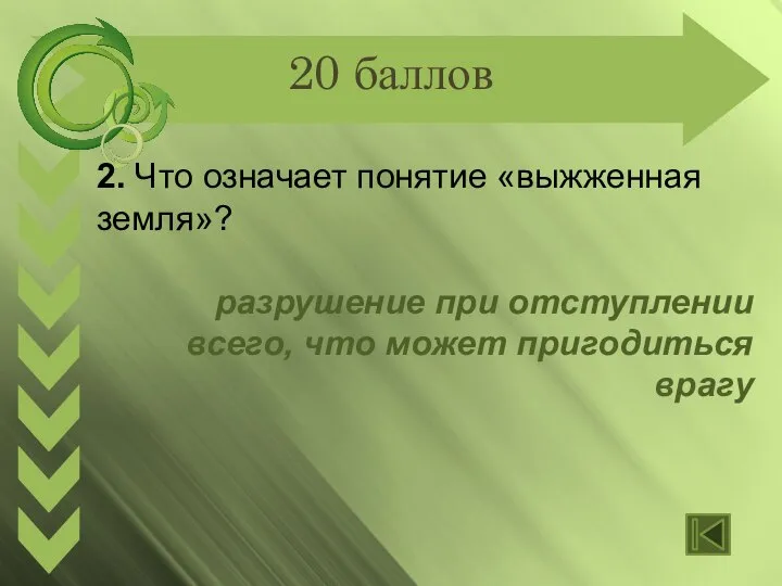 20 баллов 2. Что означает понятие «выжженная земля»? разрушение при отступлении всего, что может пригодиться врагу