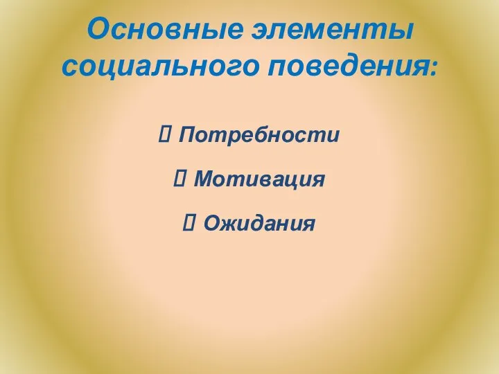 Основные элементы социального поведения: Потребности Мотивация Ожидания