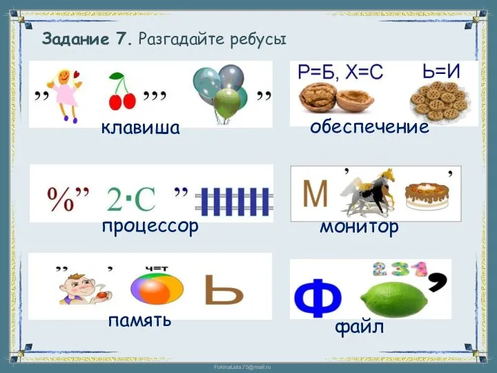 Задание 7. Разгадайте ребусы клавиша процессор память обеспечение монитор файл