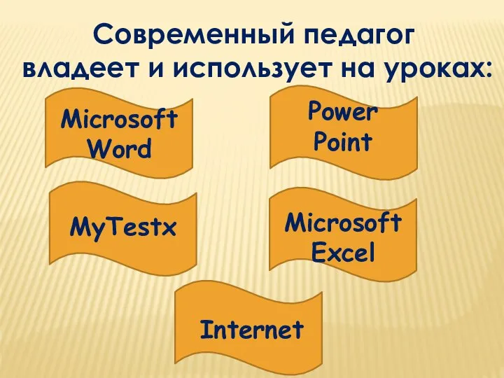 Современный педагог владеет и использует на уроках: Microsoft Excel Power Point МуTestx Internet Microsoft Word