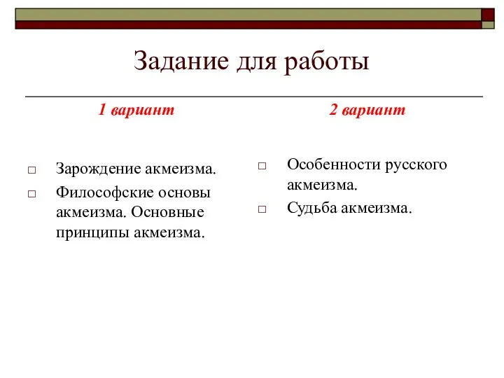 Задание для работы 1 вариант Зарождение акмеизма. Философские основы акмеизма. Основные