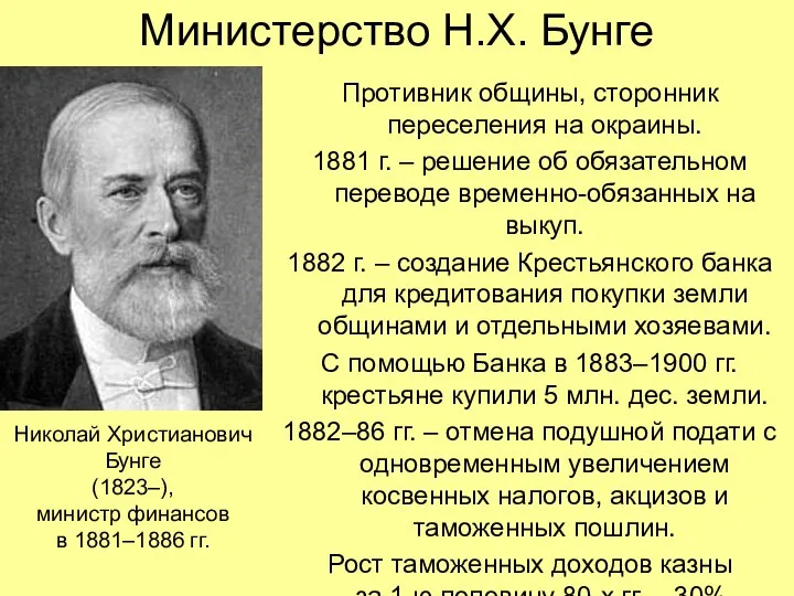 Министерство Н.Х. Бунге Противник общины, сторонник переселения на окраины. 1881 г.