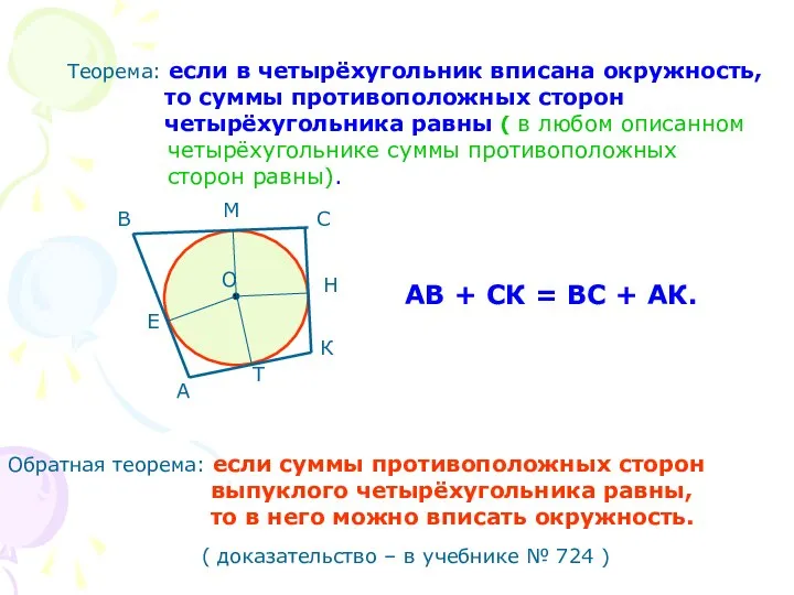 Теорема: если в четырёхугольник вписана окружность, то суммы противоположных сторон четырёхугольника