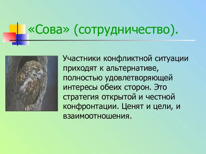 «Сова» (сотрудничество). Участники конфликтной ситуации приходят к альтернативе, полностью удовлетворяющей интересы