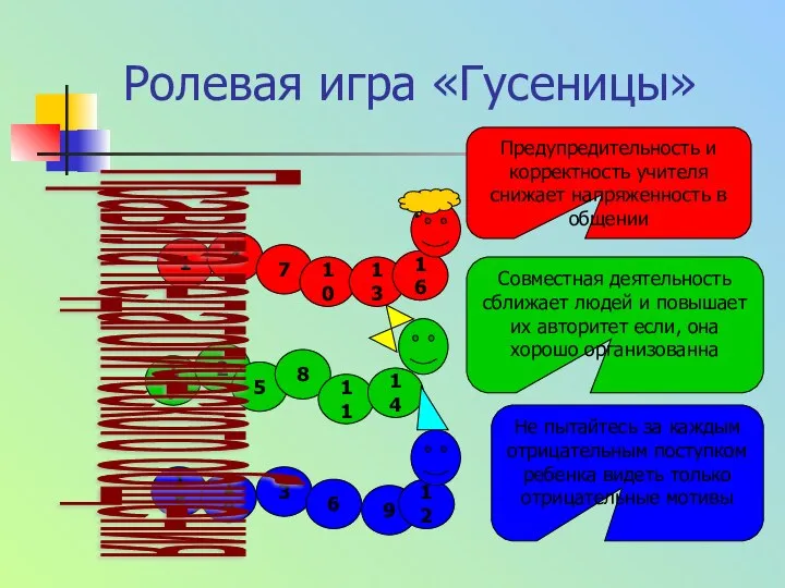 Ролевая игра «Гусеницы» 1 4 7 10 13 16 17 2