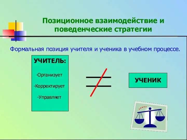 Позиционное взаимодействие и поведенческие стратегии Формальная позиция учителя и ученика в