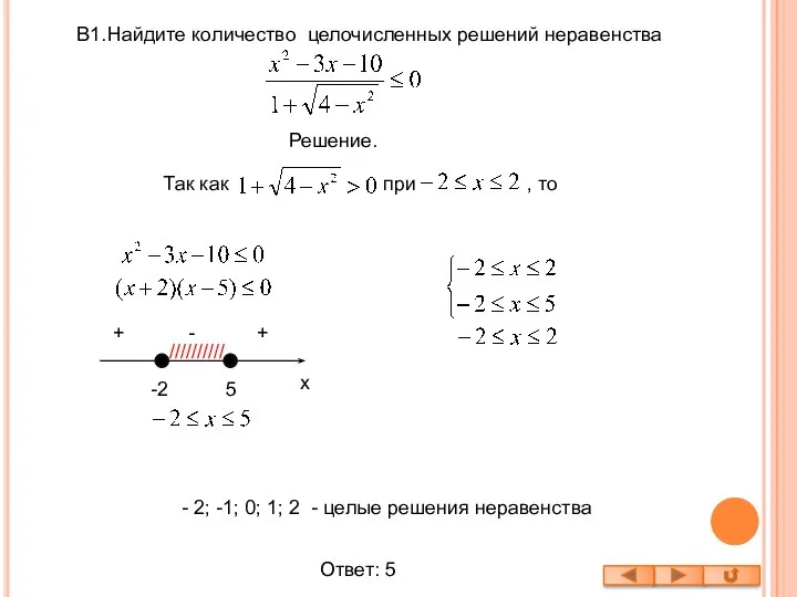 B1. Найдите количество целочисленных решений неравенства Решение. Так как при ,