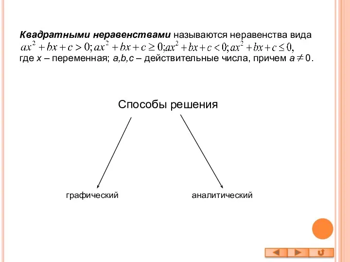 Квадратными неравенствами называются неравенства вида где x – переменная; a,b,c –