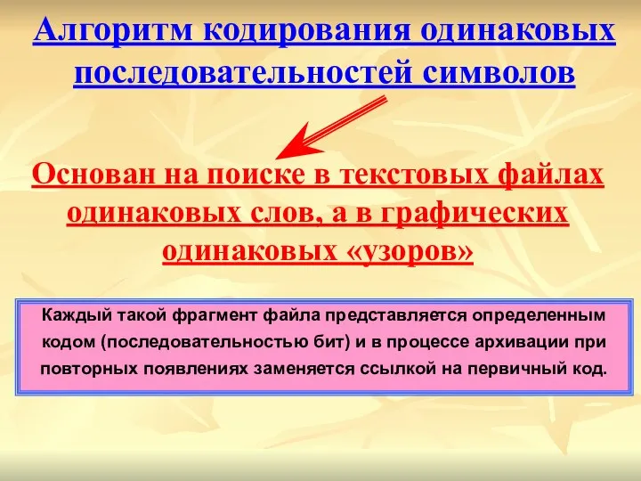 Алгоритм кодирования одинаковых последовательностей символов Основан на поиске в текстовых файлах