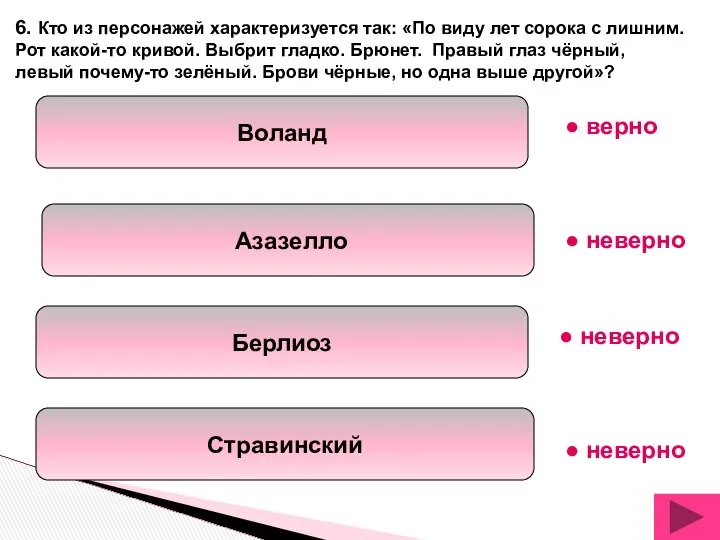 Воланд Азазелло Берлиоз Стравинский 6. Кто из персонажей характеризуется так: «По