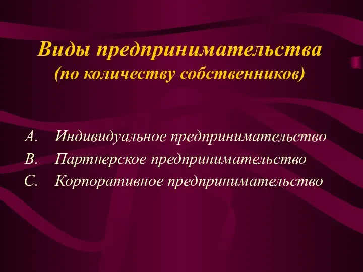 Виды предпринимательства (по количеству собственников) Индивидуальное предпринимательство Партнерское предпринимательство Корпоративное предпринимательство