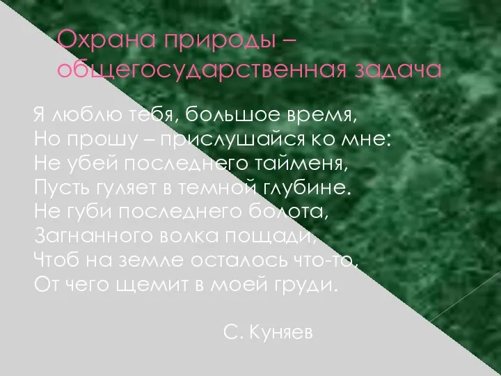 Охрана природы – общегосударственная задача Я люблю тебя, большое время, Но