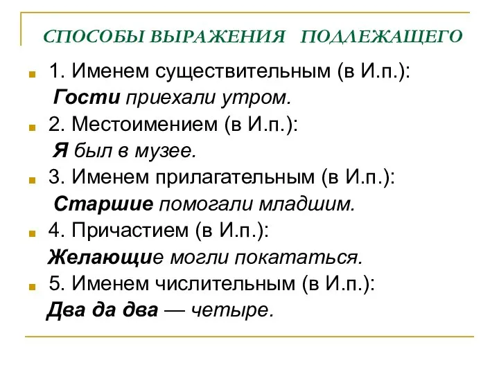 СПОСОБЫ ВЫРАЖЕНИЯ ПОДЛЕЖАЩЕГО 1. Именем существительным (в И.п.): Гости приехали утром.