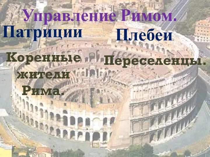 Управление Римом. Патриции Коренные жители Рима. Плебеи Переселенцы.